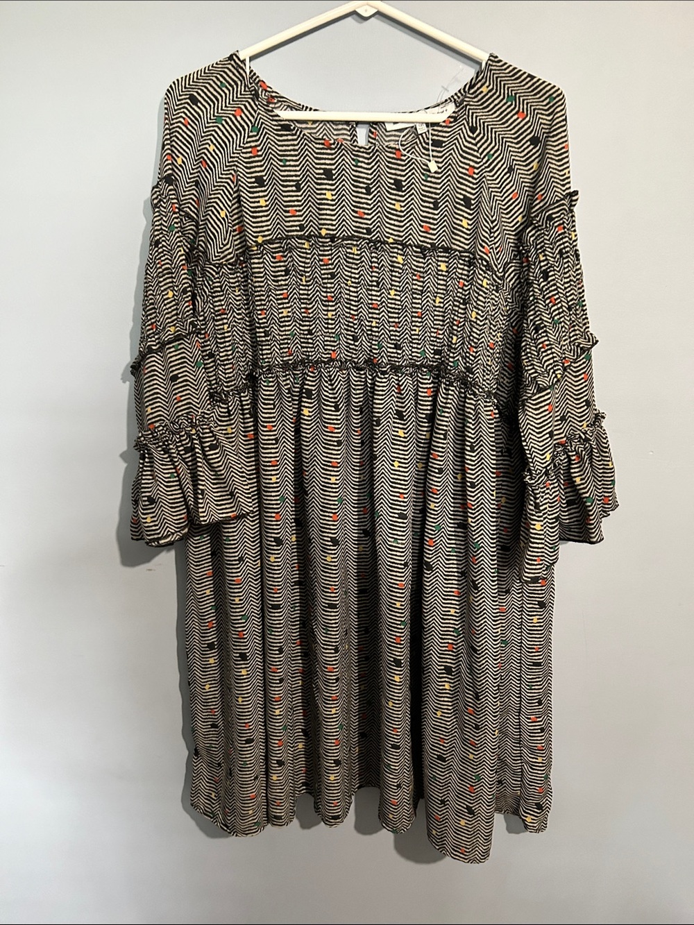Symphony Chevron Smocked Midi Dress in Black and Cream with Multicolor Accents
